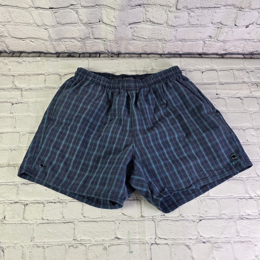 Izod PerformX Plaid Swim Trunks Medium Blue Green Cotton Blend